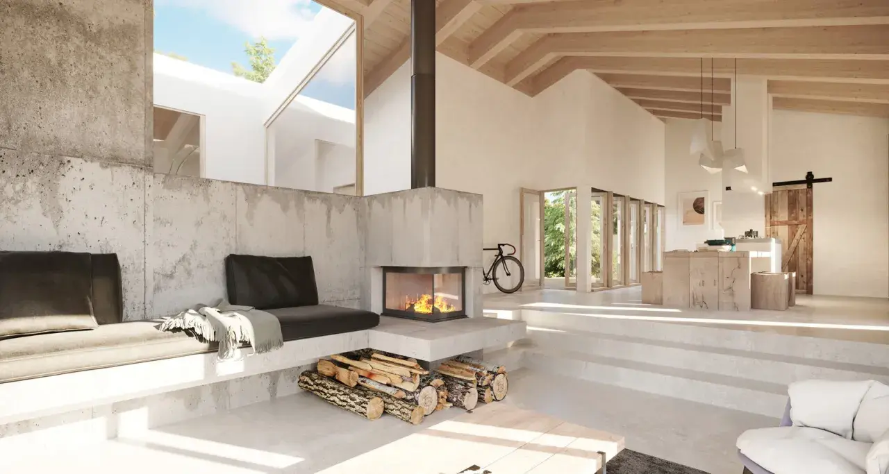 Acogedor salón con chimeneas modernas de obra, sofás de hormigón y vigas de madera.