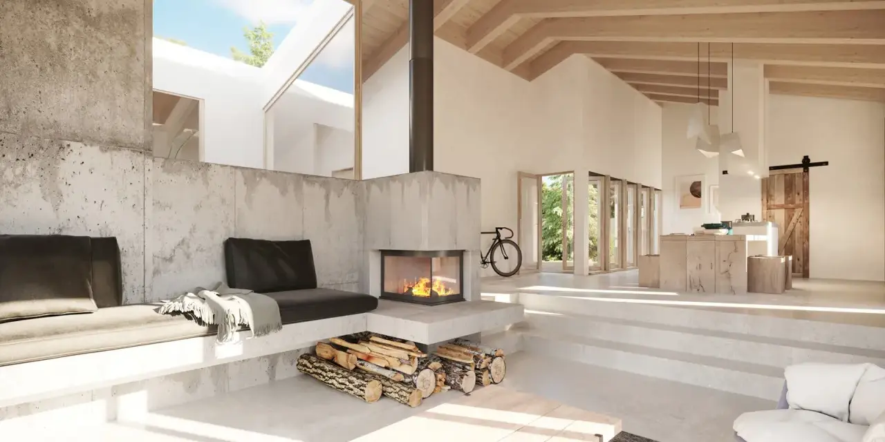 Acogedor salón con chimeneas modernas de obra, sofás de hormigón y vigas de madera.