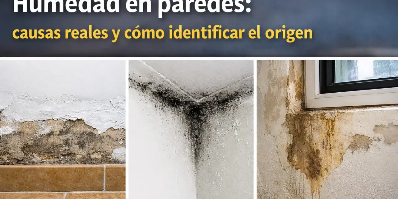 Imágenes de **humedad en casa**: moho negro en esquinas, desprendimiento de pintura y manchas de agua cerca de una ventana.