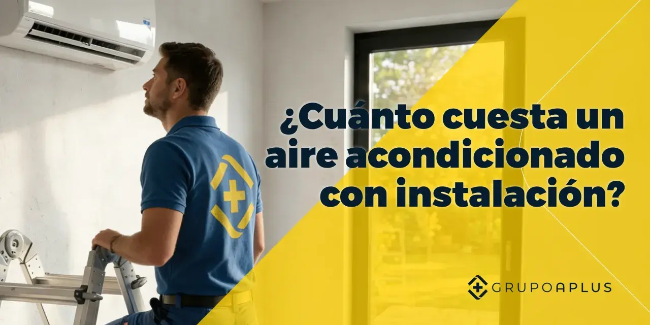 Técnico revisa unidad de aire acondicionado en escalera. ¿Cuánto cuesta un aire acondicionado con instalación?