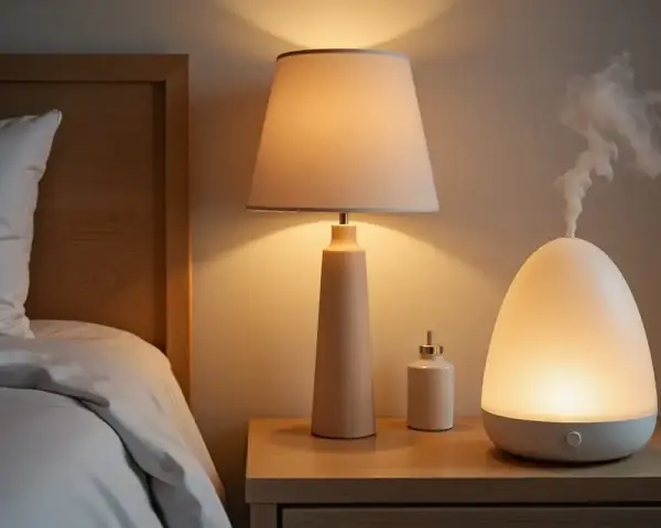 Mesita de noche con lámpara, difusor emitiendo vapor y un pequeño frasco. La humedad del 70% en la habitación crea un ambiente acogedor.