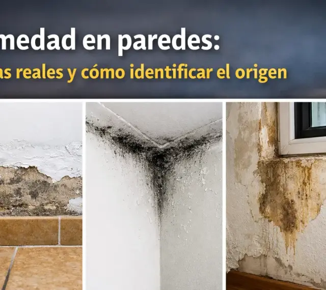Imágenes de **humedad en casa**: moho negro en esquinas, desprendimiento de pintura y manchas de agua cerca de una ventana.