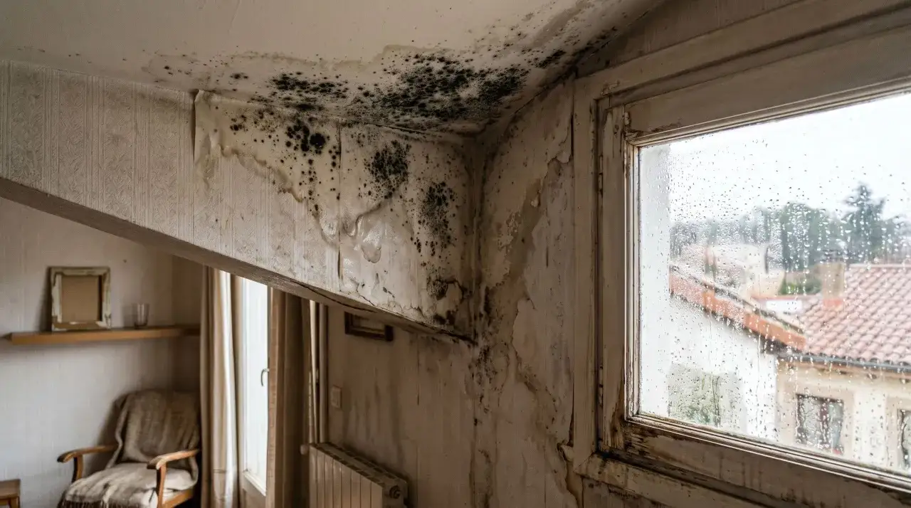 Esquina de una habitación con moho en la pared y el techo. El papel pintado se despega, revelando manchas oscuras y húmedas. Afuera, llueve sobre tejados.