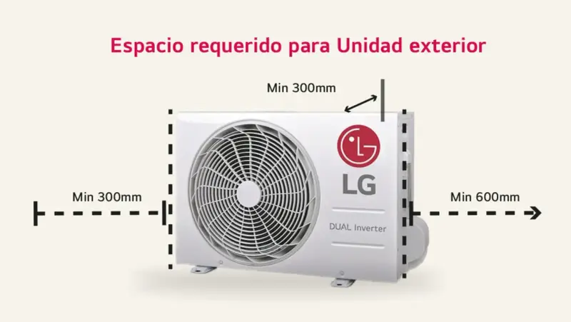 Unidad exterior de aire acondicionado LG con indicaciones de medidas: mínimo 300mm laterales y 600mm trasero.